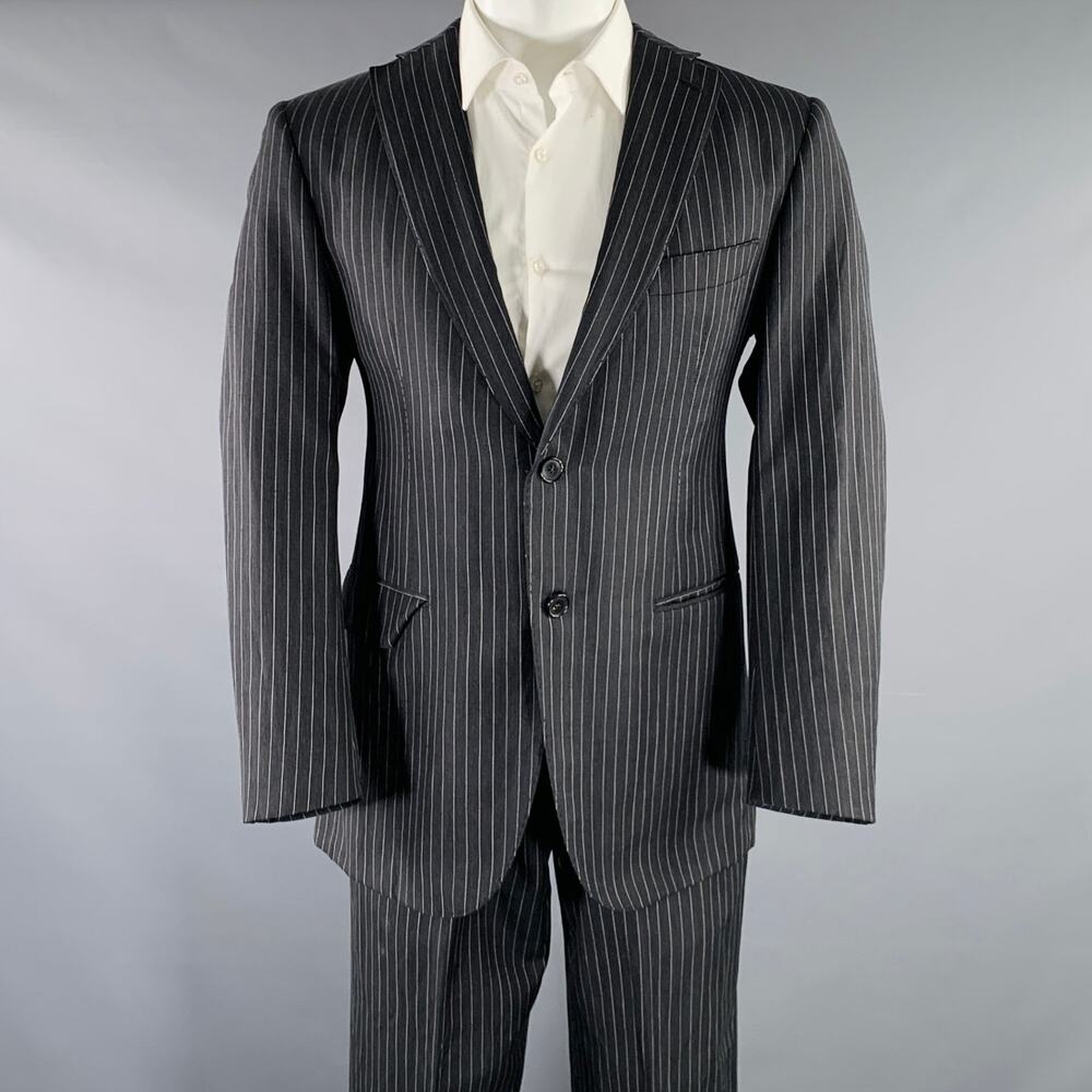 BELVEST Size 40 Grey White Pinstripe Wool Linen Single Breasted Suit